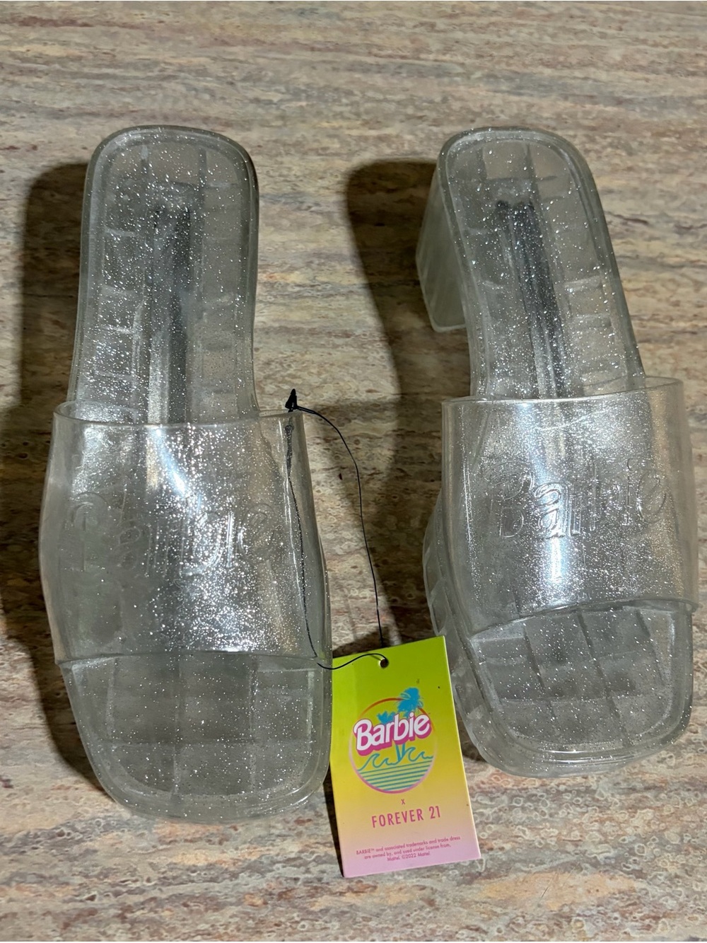 NWT Barbie X Forever 21 Clear Glitter Slide Heels Sandals by Mattel
